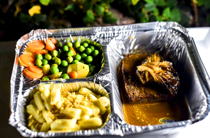 Chef Michael Anthony’s take on the TV Dinner: Salisbury steak with maitake mushrooms, plus the obligatory sides (Meat generously donated by Heritage Foods) Photo Credit: Daniel Krieger & MOFAD Facebook page