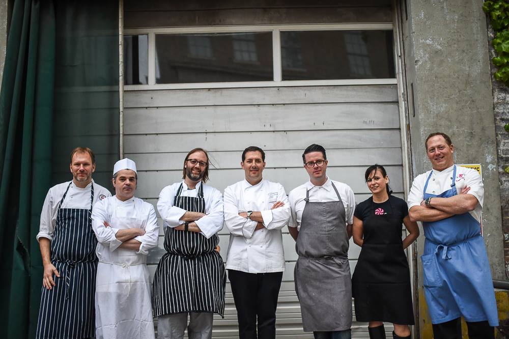 Chefs strike a pose outside The Foundry From left to right: Nils Norén (Marcus Samuelsson Group), Brooks Headley (Del Posto), Wylie Dufresne (wd~50, Alder), Michael Anthony (Gramercy Tavern), Sean Gray (Momofuku Ko), Amanda Cohen (Dirt Candy), Franklin Becker (The Little Beet) Photo credit: Daniel Krieger, and the MOFAD FacebookPage